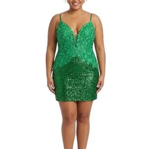 Jovani Women's Cocktail Dress Size 20 Green Sequined Lace Backless Mini Sheath